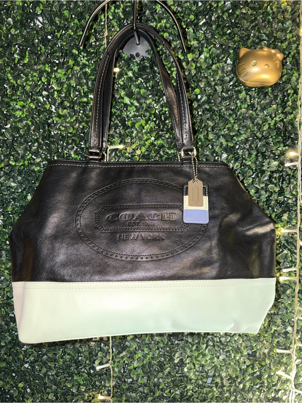 Coach Hampton Black and White Leather Two-Tone Tote with Tag